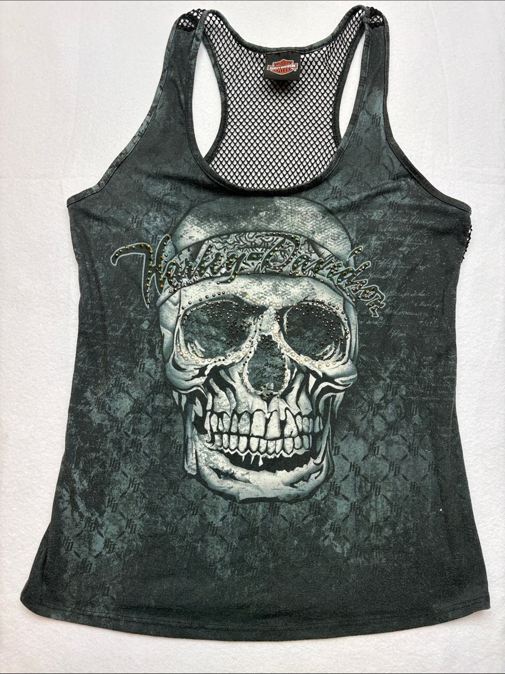 Harley-Davidson size large y2k rhinestone Black Skull Racerback Tank Mesh biker